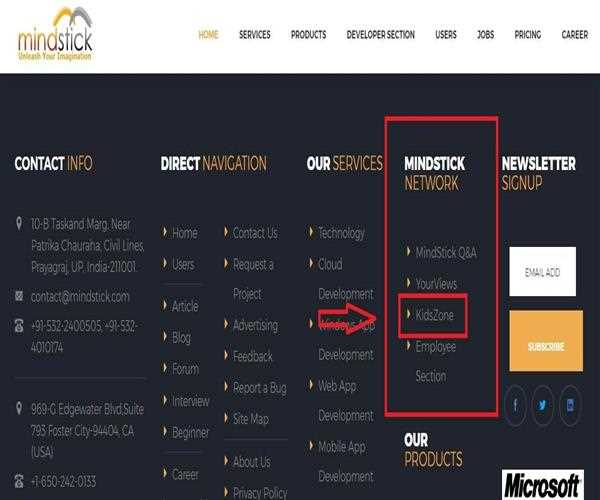 Where is the KidsZone located at MindStick page?